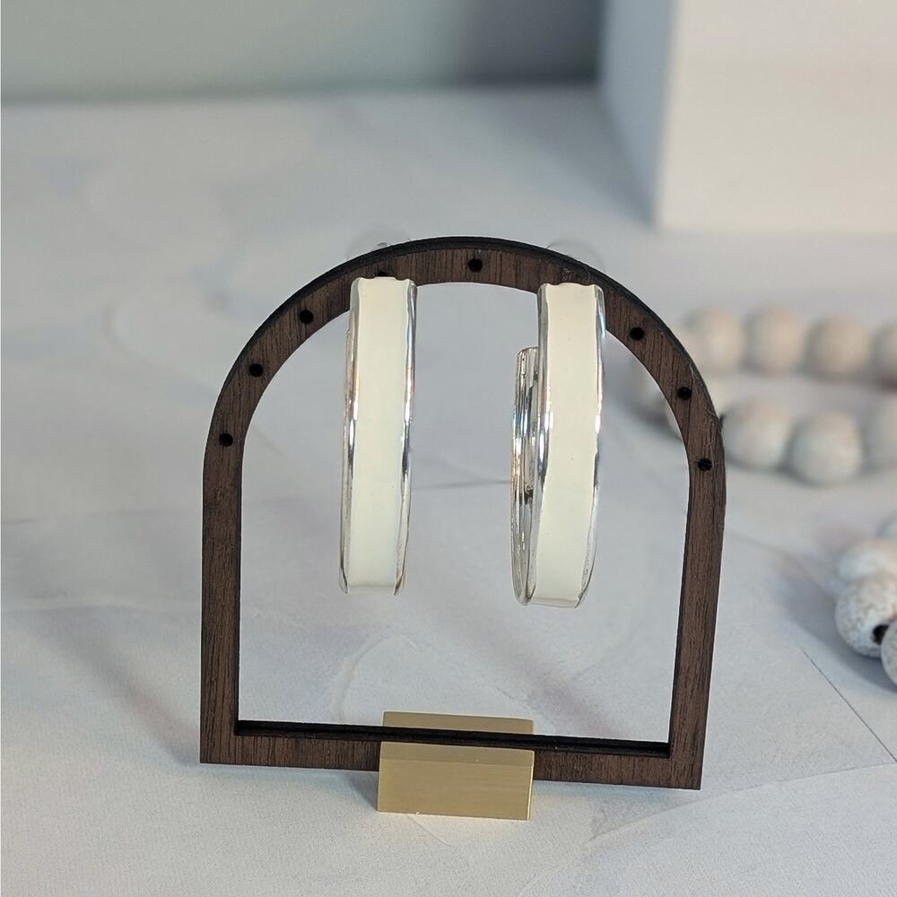 Classy Bold Vintage 1980s Pierced Silver-Tone Large 2" White Hoop Earrings
